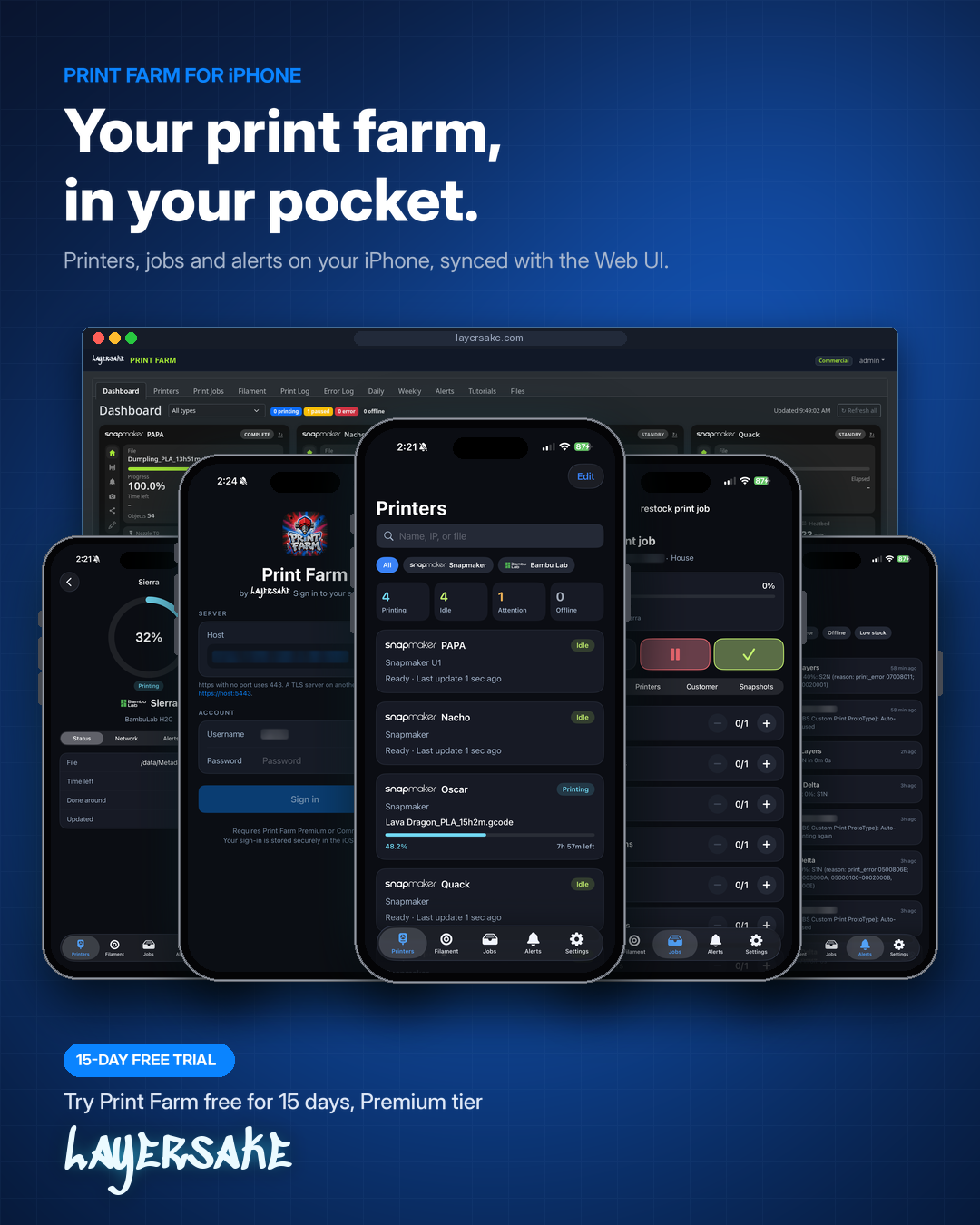 Print Farm iOS app screens