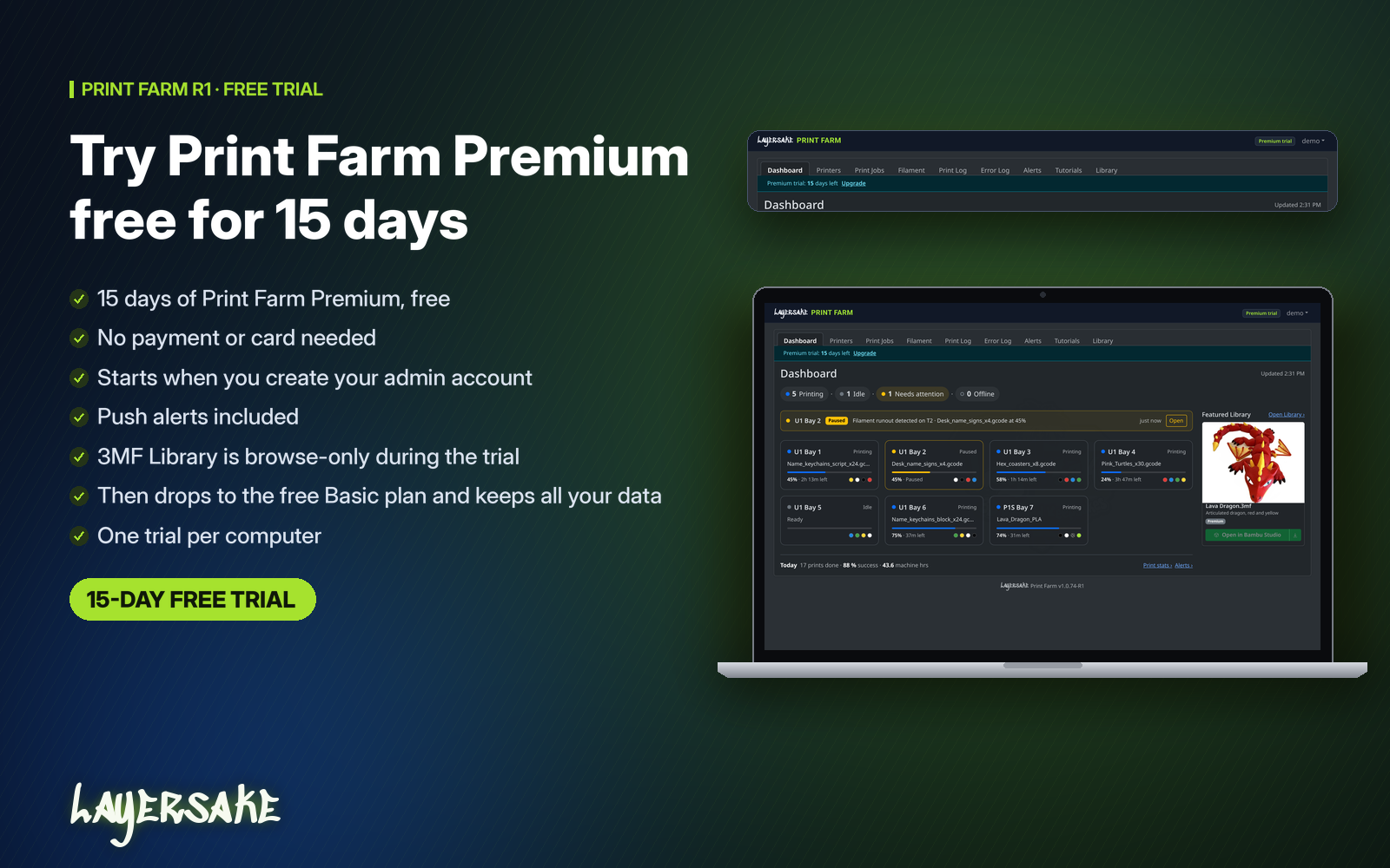 Print Farm free Premium trial screen